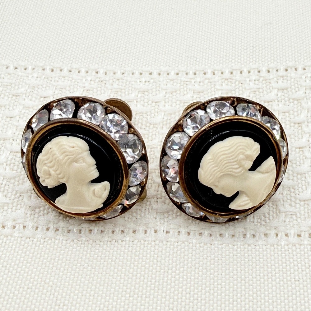 Vintage 60s Cameo Screw Back Earrings w/ Clear Rhinestones